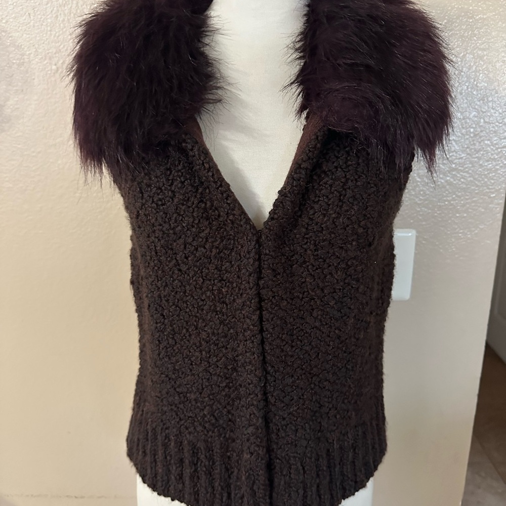 LOFT Dark Brown V-Neck Sweater with Faux Fur Collar